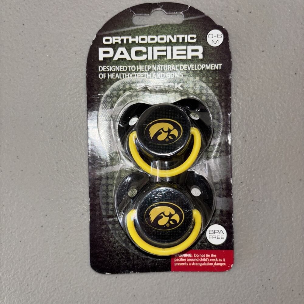 Iowa Hawkeye Black/Gold Orthodontic 2 Pack Pacifiers NCCA Licensed BPA Free 0-6